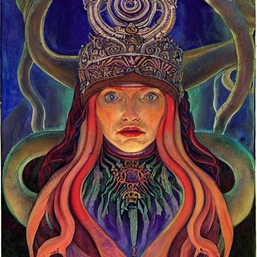 Image similar to the tentacle crown, by Annie Swynnerton!! and Nicholas Roerich! and (((Diego Rivera))), bioluminescent skin, tattoos, elaborate costume, geometric ornament, symbolist, rich colors, dramatic lighting, smooth, sharp focus, extremely detailed