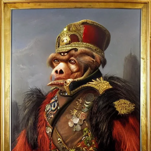 Image similar to An exquisite oil painting of a orangutan dressed like a bearded Napoleon with full military regalia