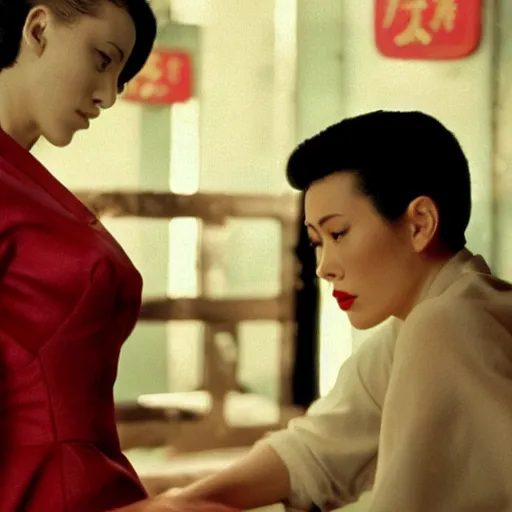 Image similar to intimate movie still of scarlett johansson in wong kar wai in the mood for love