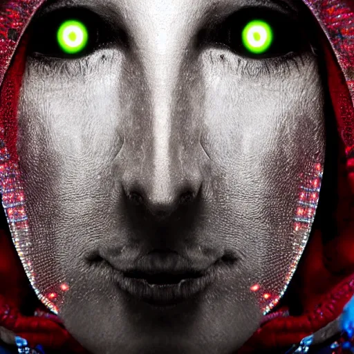 Image similar to medium shot 3 / 4 portrait of a hooded human whose been surgically embellished with computer circuitry and devices, piercing glare in the eyes, dark bokeh in background, light from top right, diverse textures