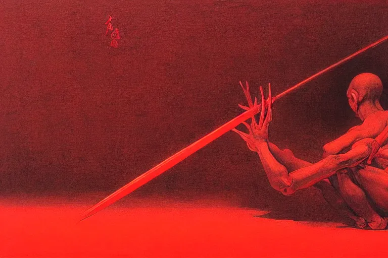 Image similar to only with red, a red samurai do seppuku, tokio, a lot of frogs watch, in the style of beksinski, parts by edward hopper, parts by rodcenko, parts by yue minjun, intricate and epic composition, red by caravaggio, insanely quality, highly detailed, masterpiece, red light, artstation, 4 k