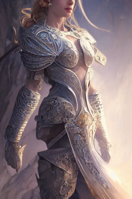 Image similar to portrait knights of zodiac girl, sliver ice color reflected armor, in ruined agora of athens sunrise, ssci - fi and fantasy, intricate and very very beautiful and elegant, highly detailed, digital painting, artstation, concept art, smooth and sharp focus, illustration, art by tian zi and wlop and alphonse mucha