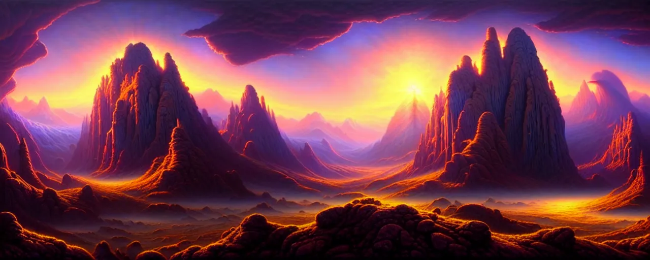 Image similar to spacetime with a beautiful ultra detailed matte painting a lush mountain range at dusk by tomasz alen kopera and Justin Gerard and Dan Mumford, tarot card, dazzling energy, ultra wide angle shot, high angle shot, intricate, fractal magic, rays of god, hyperdetailed, micro details, volumetric lighting, 8k, ray tracing, polarized lens