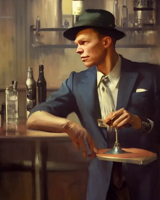 Image similar to young frank sinatra as a poor dystopian dieselpunk soviet bartender serving a client. art by greg rutkowski, gustave courbet, rosa bonheur, edward hopper. faithfully depicted facial expression, perfect anatomy, sharp focus, global illumination, radiant light, detailed and intricate environment, trending on artstation