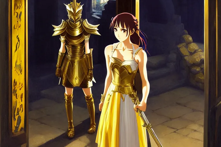 Image similar to anime key visual of young female fantasy knight, shoulder length brown hair shining detailed platinum and gold armor, wielding two daggers, standing in the doorway of an ancient monastery, style of jamie wyeth james gilleard edward hopper greg rutkowski acrylic painting, preserved museum piece, historical