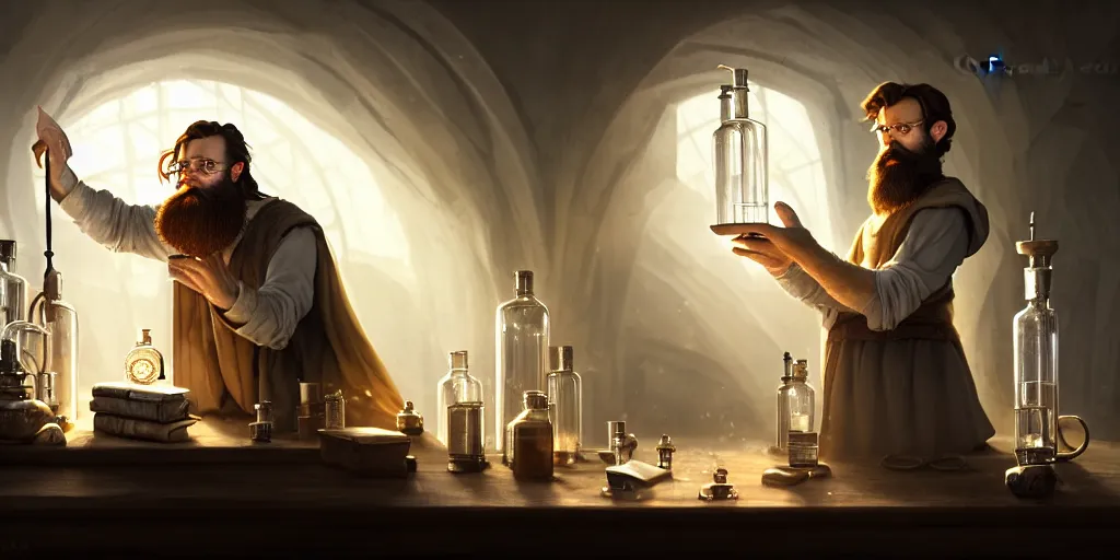 Prompt: a handsome bearded caucasian male sorcerer with brown hair, he is in a alchemist lab filled with beakers and equipment, he is casting a spell from a open book with magic filling the room, neutral pose, epic composition, 4 k, light rays, super coherent, by dave melvin, dan luvisi and greg rutkowski