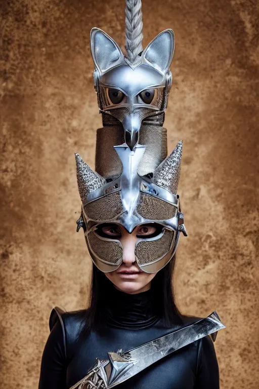 Image similar to female knight wearing a real cat on her head, armor designed by wayne barlowe, swarovski and tiffany, blonde hair, symmetry, sci - fi, cinematic, elegant, luxury, perfect light, perfect composition, dlsr photography, sharp focus, dark fantasy, 8 k, ultra hd, sense of awe, highly detailed, realistic, intricate