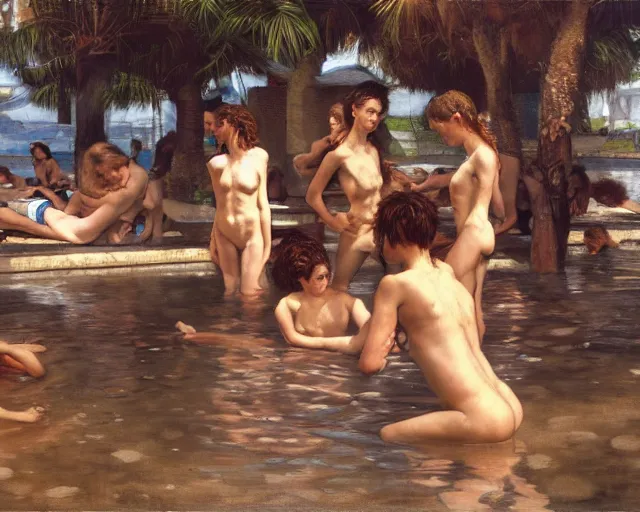 Image similar to chaos at the waterpark, key lighting, soft lights, by steve hanks, by edgar maxence, by caravaggio, by michael whelan, by delacroix, by serov valentin, by tarkovsky, 8 k render, detailed, oil on canvas