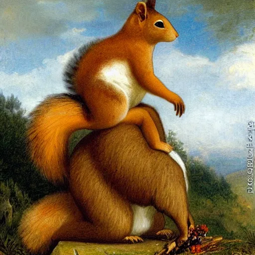 Prompt: a giant fluffy squirrel carrying napoleon bonaparte on its back, by sophie anderson