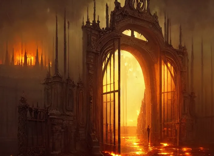 Image similar to huge gate, environment, illustration, fire, smoky, colors, epic scene, fantasy art by greg rutkowski, symmetrical, golden raito, high quality, intricate details, details, intricate, atmosphere, highly detailed, matte painting, cinematic, deviantart, realistic, concept art, 4 k