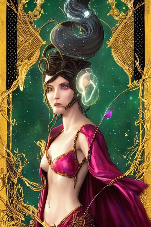 Image similar to a tarot card of an attractive young girl sorceress wearing a black robe with gold embroidery, casting a spell, green glows, painted by artgerm and tom bagshaw, in the style of magic the gathering, intricate, highly detailed digital art