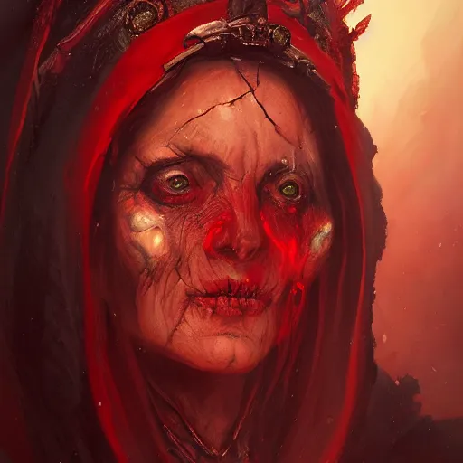 Image similar to a beautiful portrait of an ancient elderly necromancer queen, embers, skeletal, red-fabric, red-eyes, by Greg Rutkowski and Raymond Swanland, Trending on Artstation, ultra realistic digital art