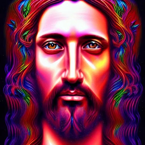 Image similar to An extremely psychedelic portrait of Jesus, surreal, LSD, face, detailed, intricate, elegant, lithe, highly detailed, digital painting, magical, Occult, artstation, concept art, smooth, sharp focus, illustration