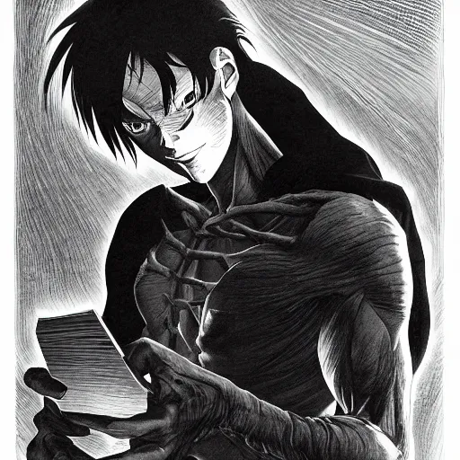 Prompt: a portrait of the cript keeper a with a book, dark fantasy, horror, tales from the crypt, ultrafine detailed pencil art on paper by frank frazetta and vito acconci and and takeshi obata, death note style, symetric body, sharp focus