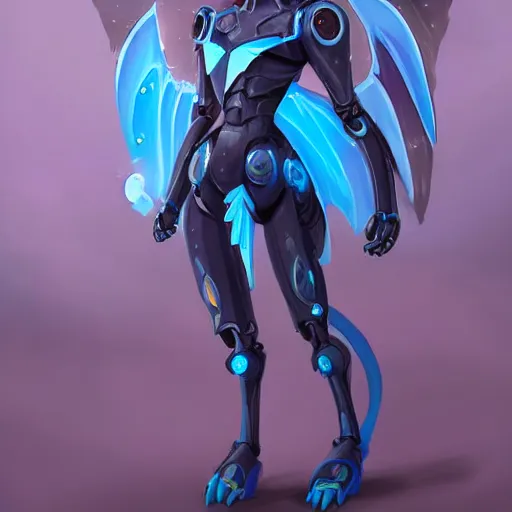 Image similar to cute anthropomorphic female robot dragon doing an elegant pose, has two adorable blue eyes, with two big epic wings behind her, two arms that have sharp claws, two legs, a long tail behind her; high quality digital art, artstation, deviantart, furaffinity