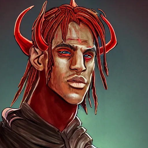 Image similar to dnd portrait of a travis scott as tiefling, male, red scales and red skin, a big black beard, completely golden eyes, 2 ram horns growing out of his forehead,