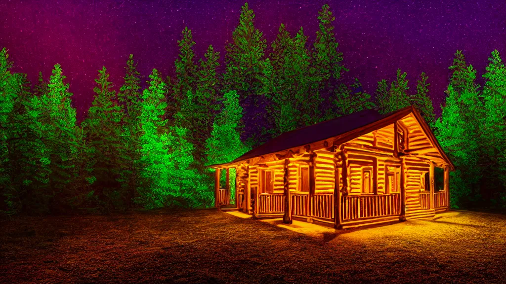 Image similar to portrait of an ethereal log cabin made of golden purple and green light, evergreen forest, divine, cyberspace, mysterious, high-contrast, 4k, award-winning photograph