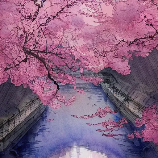 Image similar to a beautiful and inspiring intricate watercolor illustration inside a river, pink sakura trees forming a tunnel, 4 k, ultra - wide angle, by william turner, by victo ngai, by alphonse mucha, by miho hirano, hd, trending on artstation, hyper detailed, muted colors, inspiring, beautiful, paradisiac