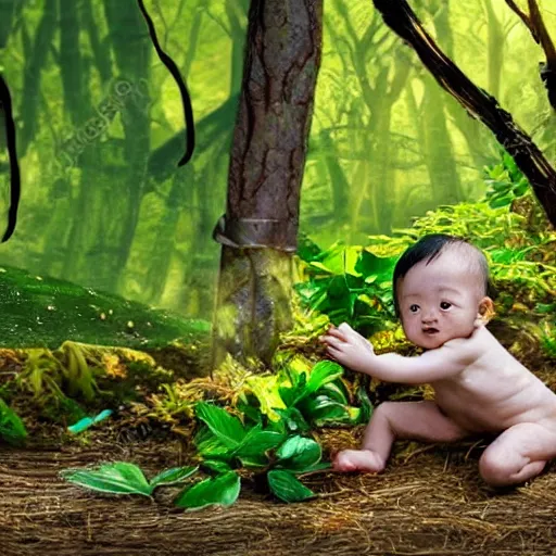 Prompt: chinese fairytale ginseng plant babies playing and jumping around in the deep forest, with sunlight shining through the tress, and a herbal medicine hunter crouching in the bushes