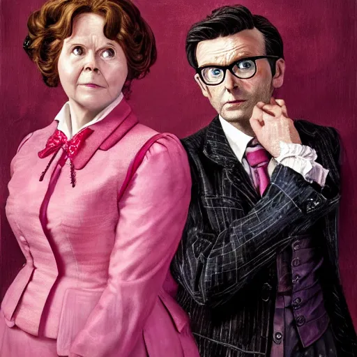 Image similar to david tennant and imelda staunton as dolores umbridge in pink clothes with the tenth doctor who, highly detailed, artstation, concept art, smooth, sharp focus, illustration, perfect face, art by willem claesz. heda, nikolay makovsky, jacek malczewski, arthur hughes, edward okun