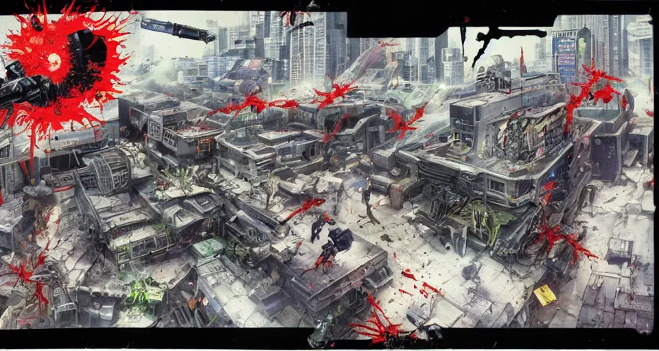 Image similar to 1993 Video Game Concept art for Akira style Anime Neo-tokyo Cyborg bank robbers vs police, Set inside of the Bank, Open Bank Vault, Multiplayer set-piece Ambush, Tactical Squads :10, Police officers under heavy fire, Destructible Enviorments, Gunshots, Bullet Holes and Anime Blood Splatter, :10 Gas Grenades, Riot Shields, MP5, AK45, MP7, P90, Chaos, Anime Machine Gun Fire, Gunplay, Shootout, :14 80s anime style, FLCL + GOLGO 13 :10, Created by Katsuhiro Otomo + Studio Gainax: 20