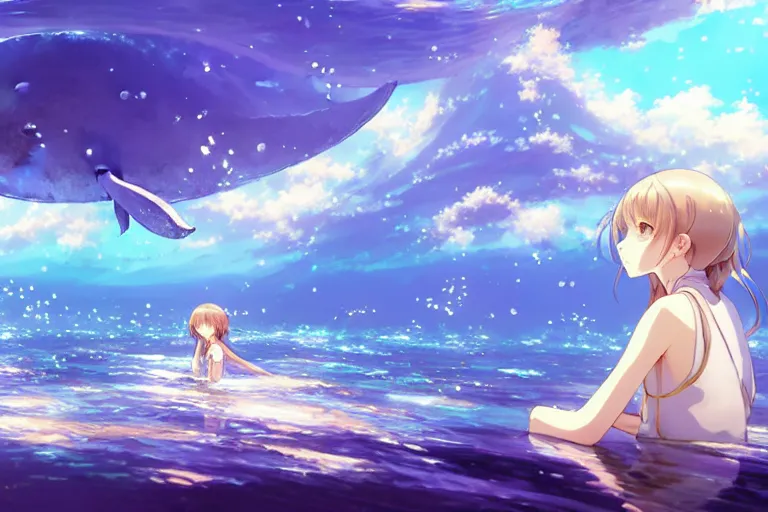 Image similar to a panorama distant view under the water, underwater world, anime art full body portrait character concept art, hyper detailed cg rendering of a cute girl and whale, anime key visual of violet evergarden, finely detailed perfect face, style of raphael lacoste, makoto shinkai, violet evergarden, studio ghibli, james jean, hayao miyazaki, extremely high quality artwork