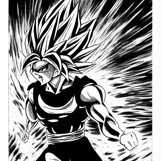 Prompt: Ultra Instinct Frank Zappa Dragon Ball Super manga panel award winning black and white art by Frank Zappa highly detailed pen and ink matte painting