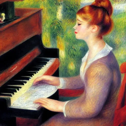 Image similar to blonde girl sits at the piano while her cat lays on the piano keys, painting by renoir