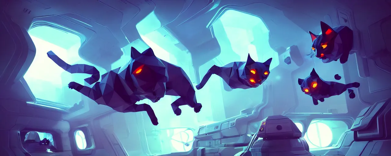 Image similar to duotone noir scifi concept illustration of lowpoly cats floating zero gravity glowing 3 d mesh portals futuristic, glowing eyes, octane render, surreal atmosphere, volumetric lighting. golden ratio by sachin teng and sergey kolesov and ruan jia and heng z. graffiti art, scifi, fantasy, hyper detailed. trending on artstation