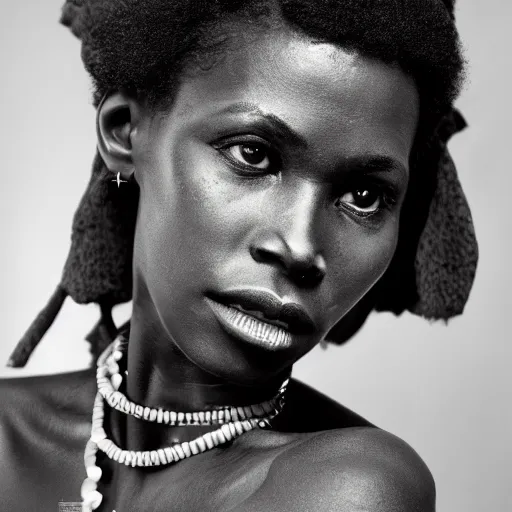 Image similar to vintage portrait of a stunningly beautiful west african tribal female, depth of field, zeiss lens, detailed, symmetrical, centered, fashion photoshoot, by edward s curtis, Annie Leibovitz and Steve McCurry, David Lazar, Jimmy Nelsson, Breathtaking, 8k resolution, extremely detailed, beautiful, establishing shot, artistic, hyperrealistic, beautiful face, octane render