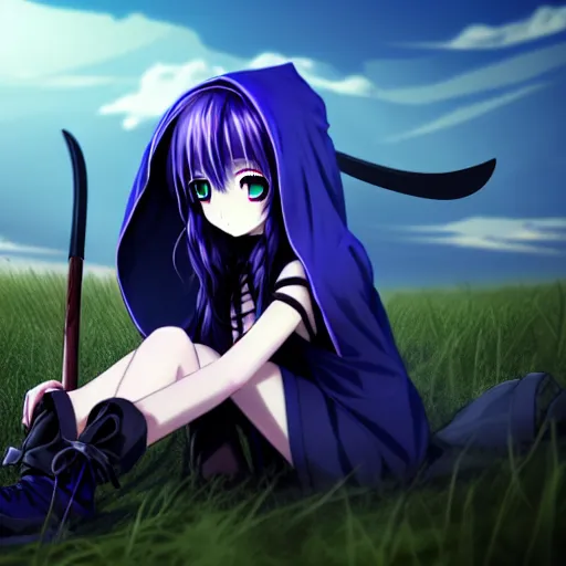 Image similar to A cute young real life 3D anime girl with long blueish violet hair, wearing a black reaper hood with shorts, a bloody scythe is laying next to her foot, in a dark field, top down angle, laying on her back, full body, moody lighting