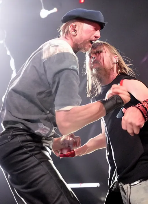 Prompt: thom yorke punching kid rock so hard his head flies off, photographic, ultra hd,