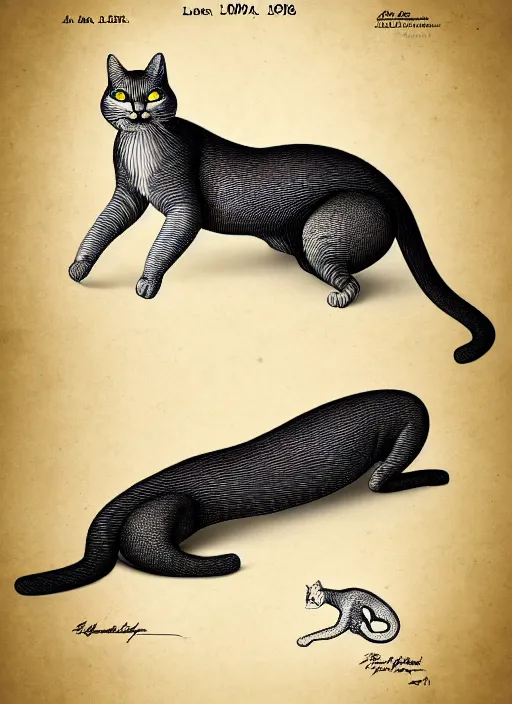 Image similar to an anatomically correct scheme of the long cat, highly detailed, patent illustration, digital illustration, concept art, smooth, sharp focus