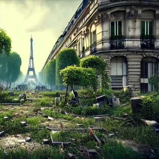 Image similar to overgrown paris in ruins, highly detailed, 4k, HDR, award-winning, artstation, octane render