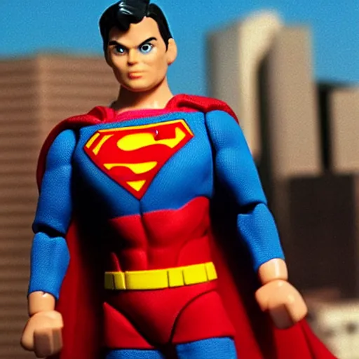 Prompt: toy photography. jointed Superman action figure against a city backdrop. 1992. In Focus macro shot. Cover of Nintendo Power