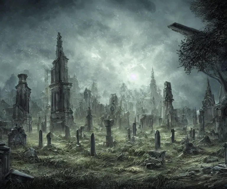 Image similar to a city of tombs and tombstones, graveyard landscape, giant grave structures, giant tomb structures, dark fantasy, digital art, fantasy art