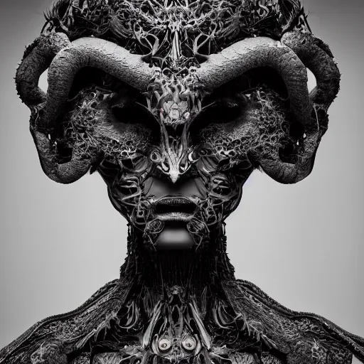 Prompt: a female model by stefan geselle and nekro borja, photorealistic, biomechanical, fractal fiberglass tendrils, intricate details, hyper realistic, ornate headpiece, dark beauty, evil, photorealistic, canon r 3, photography, wide shot, photography, dark beauty, symmetrical features