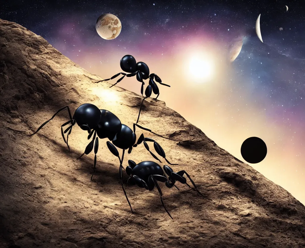 Image similar to black ant astronaut repairing its space nest craft with the earth and the moon in background, and shooting stars, aesthetic octane render, hyperrealistic, focused, extreme details, masterpiece, 8 k, ultrahd, hd resolution