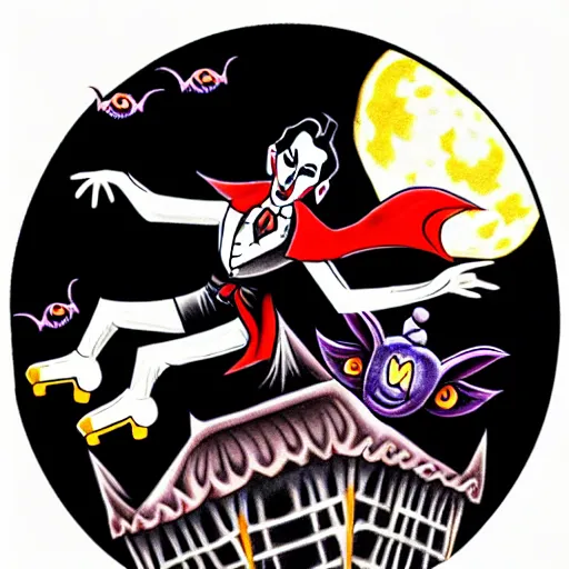 Image similar to dracula dancing on roller skates surrounded by bats and a full moon in the style of american traditional tattoo