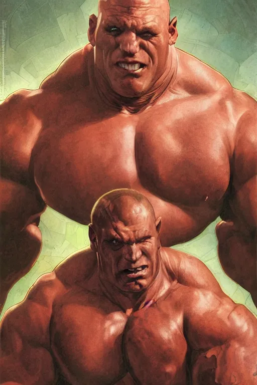 Prompt: upper body and head portrait of huge hulking absurdly muscular martyn ford as marvel character wearing shirt and pants against simple background by alex ross and jack kirby and sergey kolesov and jason fabok and lawrence alma tadema and norman rockwell and greg staples and rick berry and jeremy mann