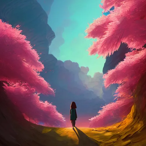 Image similar to giant cherry blossom flower as a head, girl walking in a canyon, surreal photography, sunrise, dramatic light, impressionist painting, colorful clouds, digital painting, artstation, simon stalenhag