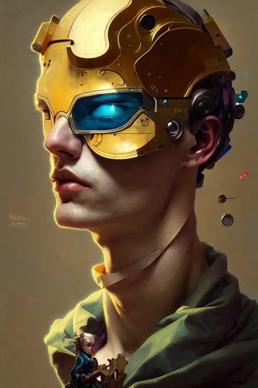 Image similar to portrait, male boy patchwork doll, cyberpunk, elegant baroque, expressive, asymmetrical art, hyperrealism, colorful, vivid, imposing, epic, abstract texture, gold leaf texture, artstation, concept art, by peter mohrbacher and wlop and rhads and artgerm and magali villeneuve and alphonse mucha