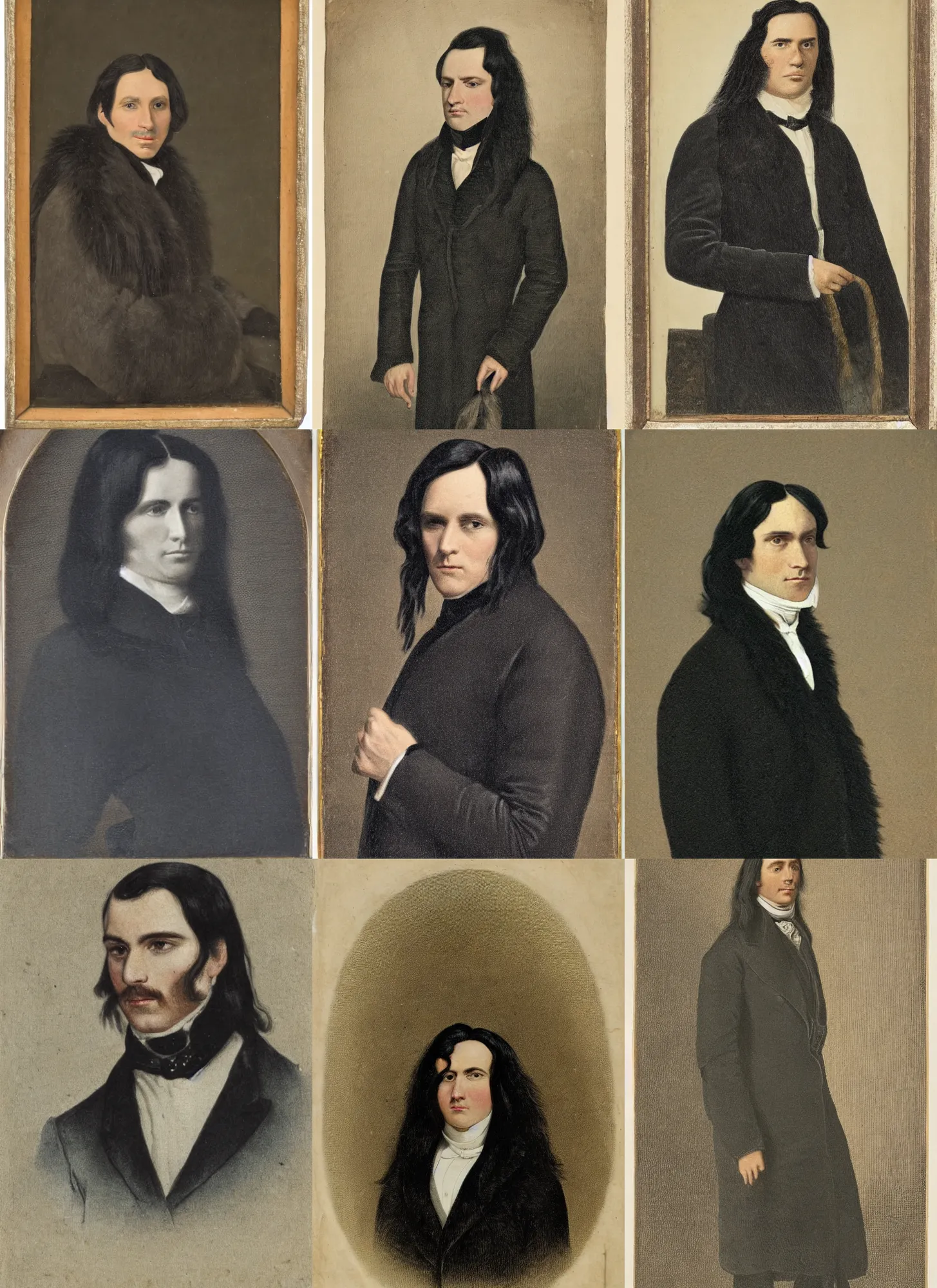 Prompt: portrait of a man with smooth long black hair, looking to the right, 1 9 th century fur coat, high hair detail