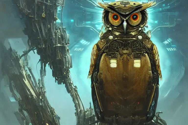 Prompt: a study of cell shaded of a neofuturistic very highly detailed ornate cyborg owl with very highly detailed feathers by Greg Rutkowski, sci-fi highly detailed, digital concept art, Dimensional cyan gold natural light, sharp focus, Golden Ratio illustration, realistic concept art by Stephen Hickman and James Gurney and Hiromasa Ogura Ghost in the Shell, golden ratio, post grunge portrait, character concept art by josan gonzalez, james jean, Mike Mignola, Laurie Greasley, highly detailed, sharp focus, alien, Artstation, deviantart, artgem