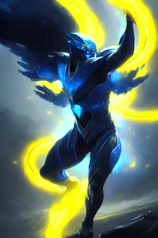 Prompt: full body illustration of a dark blue air elemental with yellow eyes and lightning; detailed, best on artstation, raymond swanland, bayard wu, cosmic, epic, cinematic shot, masterpiece