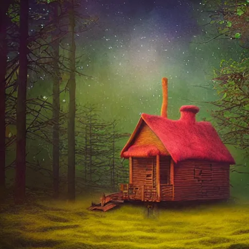 Prompt: small wooden house in the middle of enchanted forest, bright colours, watercolor, volumetric wool felting, macro photography, children illustration, by mike winkelmann