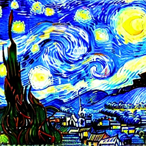 Prompt: A realistic photograph based on Vincent Van Gogh's painting The Starry Night