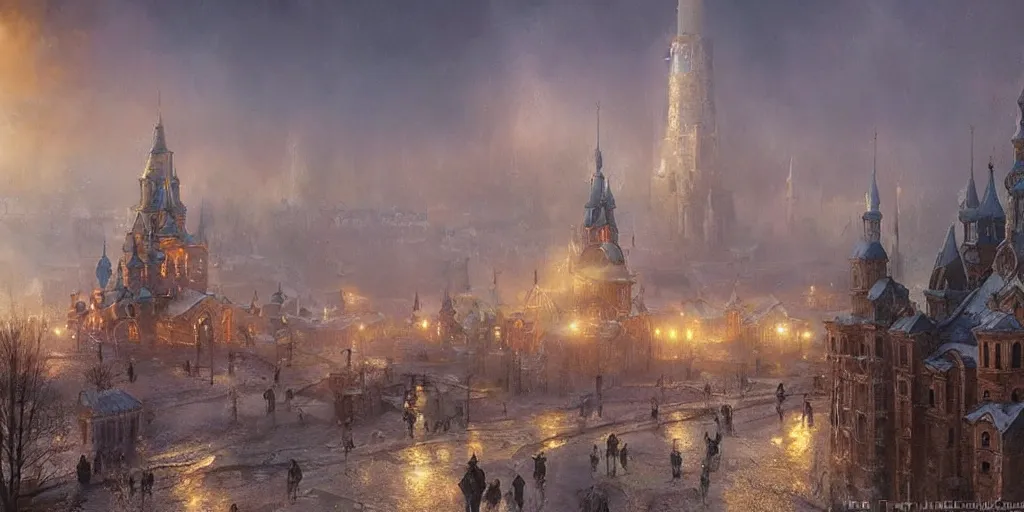 Image similar to Beautiful magical Old Rus city of Kitezh in mist, magic lights, strange buildings, oil painting, concept art, fantasy cityscape, ancient Russian architecture, art by Ted Nasmith and James Gurney, hyperborea, high resolution, trending on artstation