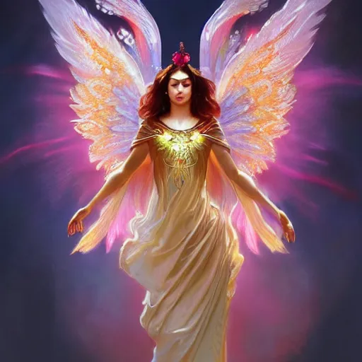 Image similar to a beautiful orchid phoenix angel woman, in an ornamented dress with large wings, volumetric light, god rays, 8 k high resolution, rubies, by greg rutkowski, artgerm, alphonse mucha