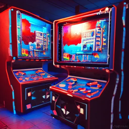 Image similar to 1990s arcade machine, octane render, unreal engine, digital art, Artstation, Trending on Artstation, Artstation HQ, Artstation HD, cgsociety, Pinterest, 8k , close up to the screen, godrays, volumetric, reflections, cinematic, epic, accurate, coherent, 3D Render,